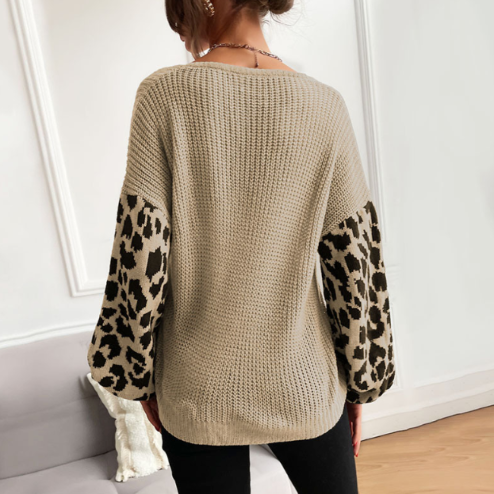 Womens V Neck Sweater With Leopard Print Sleeves