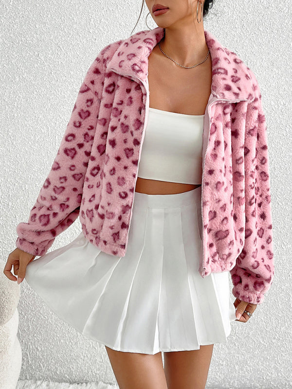 Valentine's Day Love Leopard Print Plush Jacket